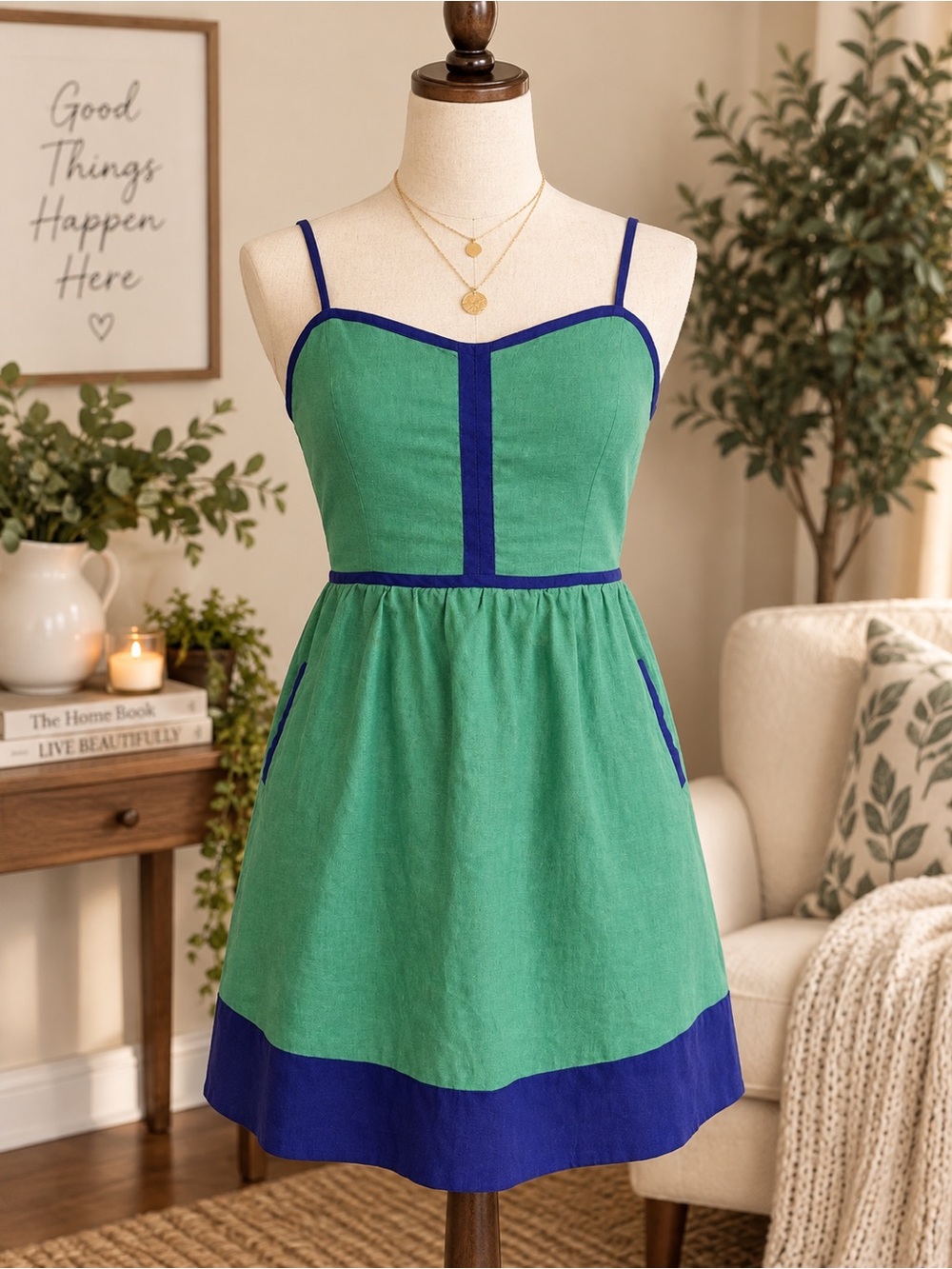 Cope Green & Blue Contrast-Trim Sundress, XS-S